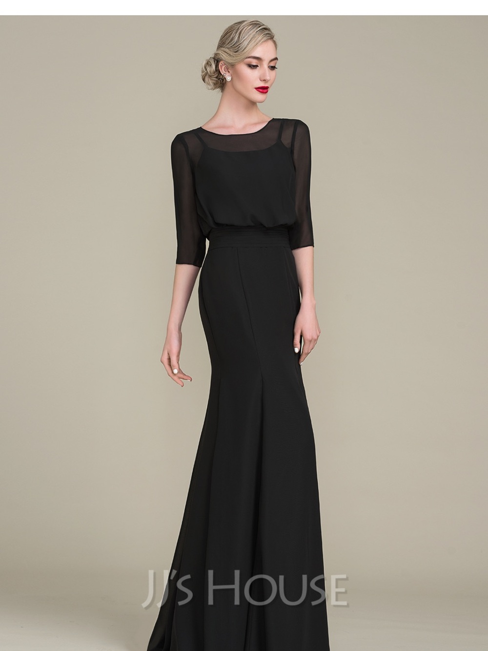 JJs House Black Sheer Bodice & Crepe Mermaid Gown